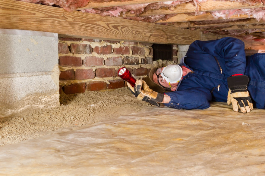 Termite inspector inspecting residential crawl space sill for termites